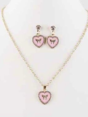Gold-Tone Pink Heart Pendant Necklace and Earring Set